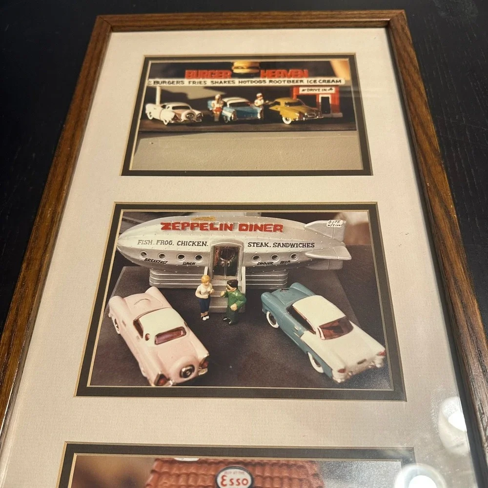 Vintage 1950s Americana Diner and Gas Station Framed Wall Art Diorama Photos